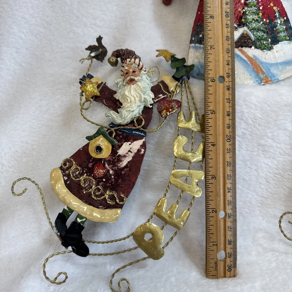 Set of 3 Vintage Style Santa Claus Christmas Ornaments Peace Noel Metal Folk Art